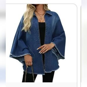 Blue Denim Frayed Women Jean Poncho Oversized